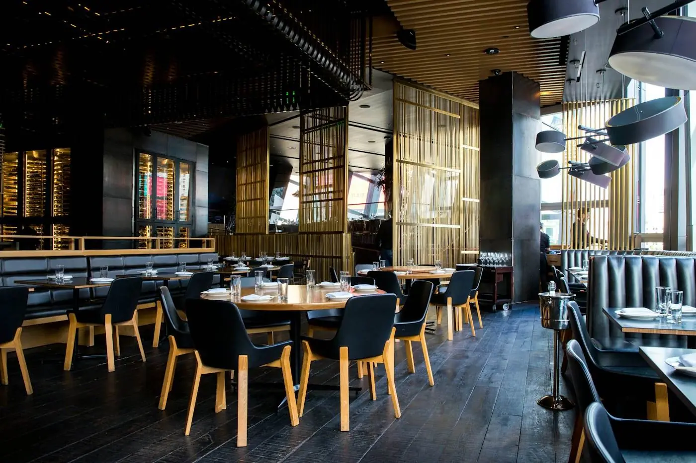 Restaurant space with tables set for service